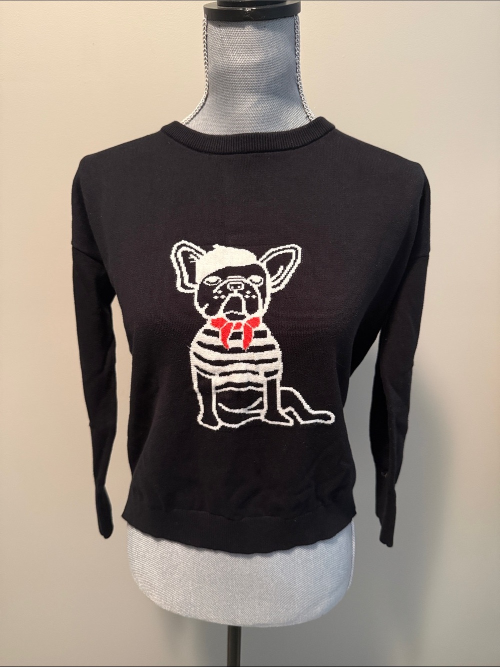 French Connection Black Crewneck Sweater with White Dog Graphic and Red Scarf